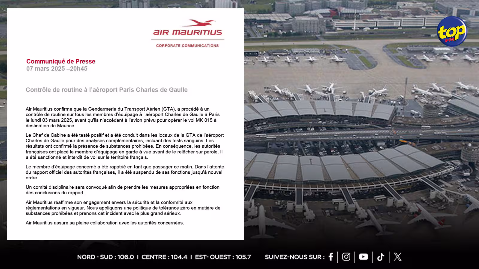 Air Mauritius : Un membre d'équipage suspendu après un contrôle positif à la drogue à l'aéroport Charles de Gaulle