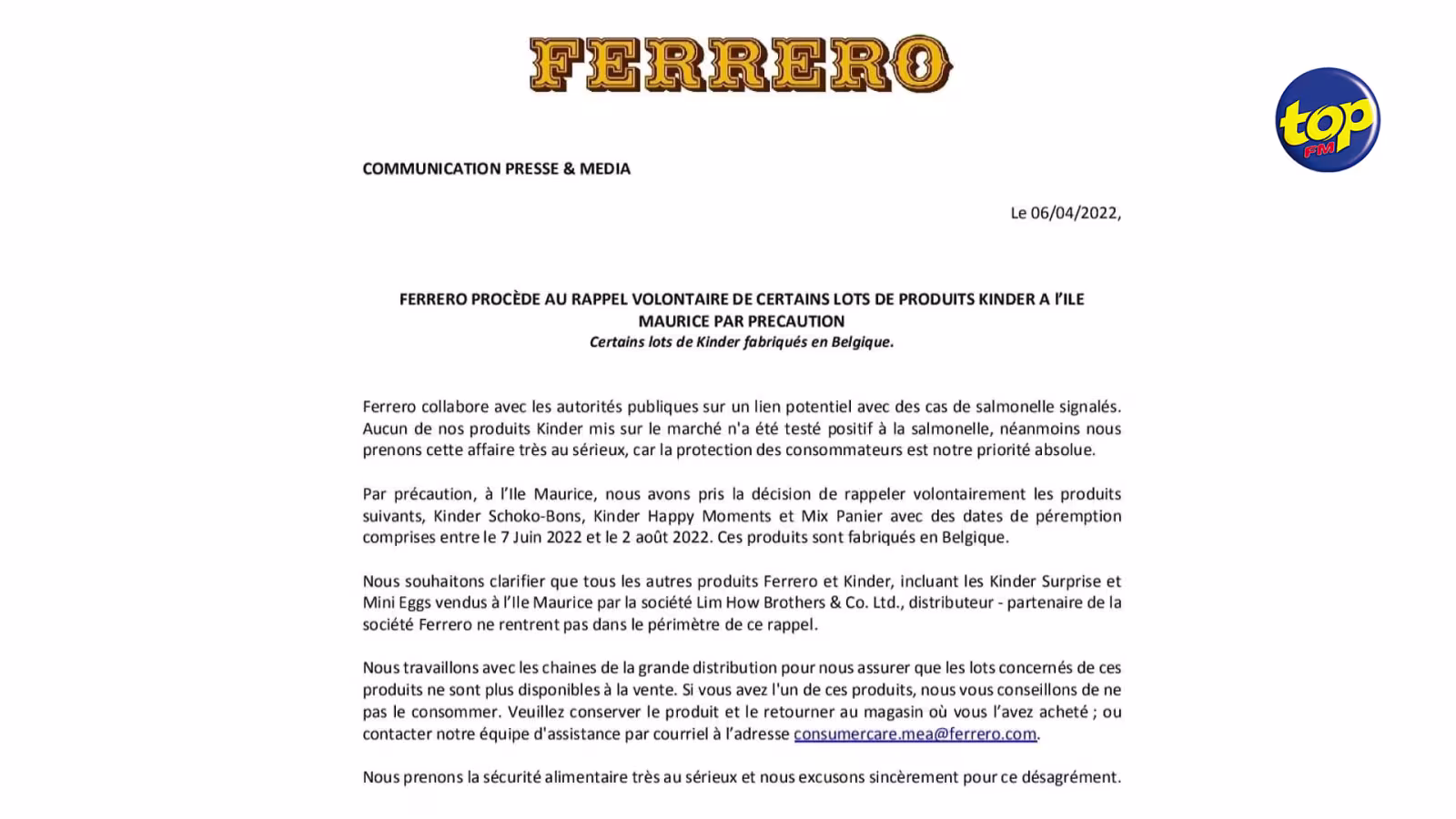 Cas suspects de salmonelle en Europe : Ferrero procède au rappel volontaire de certains produits de Kinder à Maurice