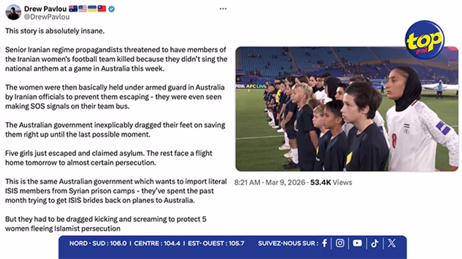 Football et crise iranienne : Trump salue l’action de l’Australie pour protéger l’équipe féminine