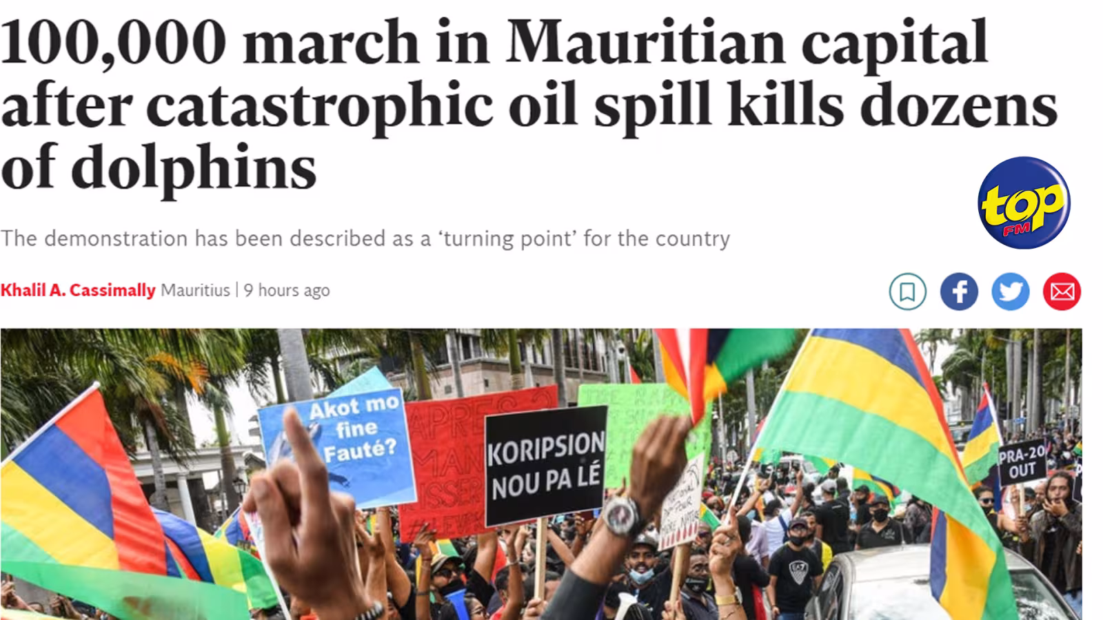 100,000 march in Mauritian capital after catastrophic oil spill kills dozens of dolphins