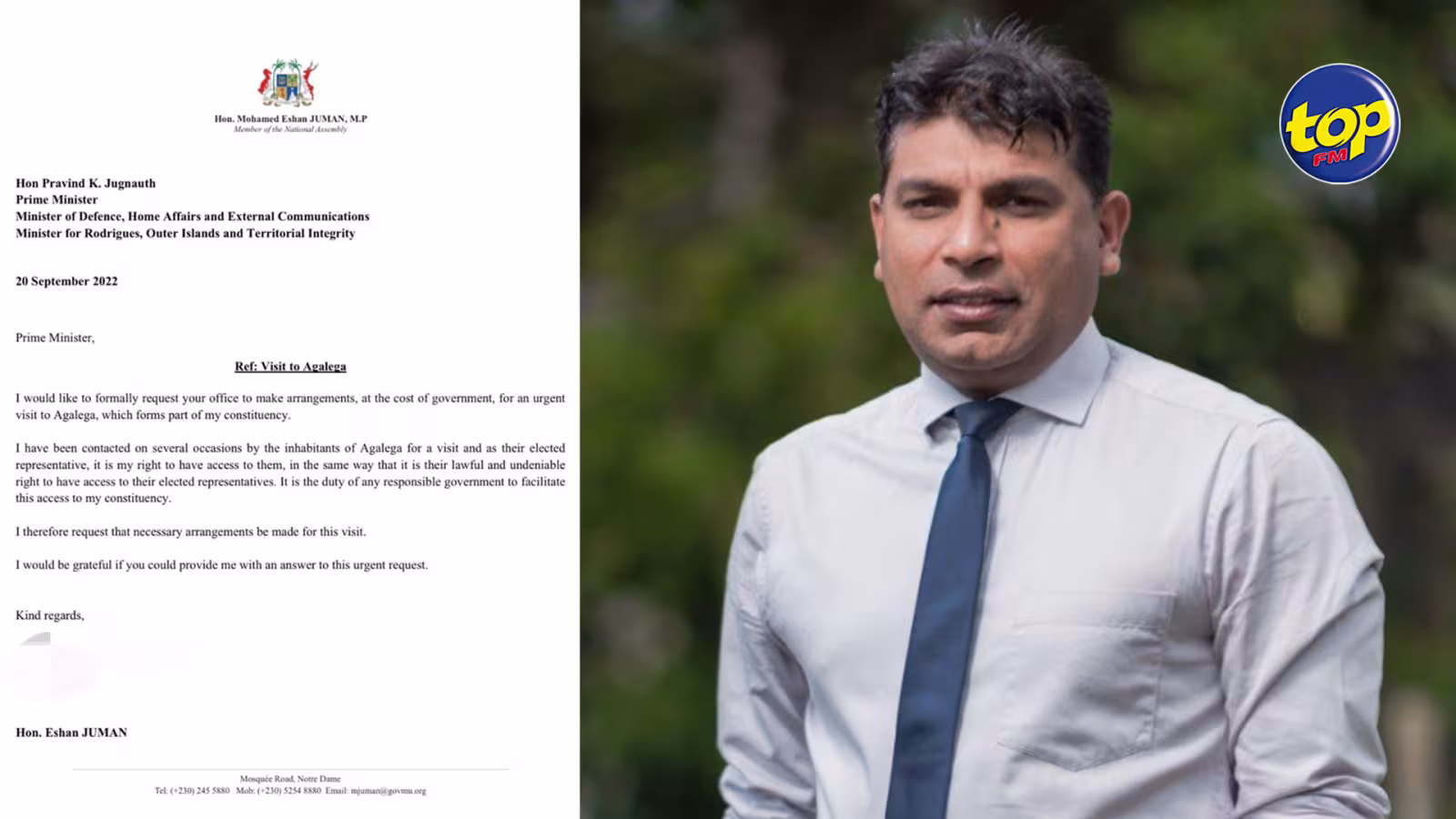 Il veut rendre visite à ses mandants à Agaléga : « C’est mon droit », affirme le député Eshan Juman dans une demande officielle au Premier ministre