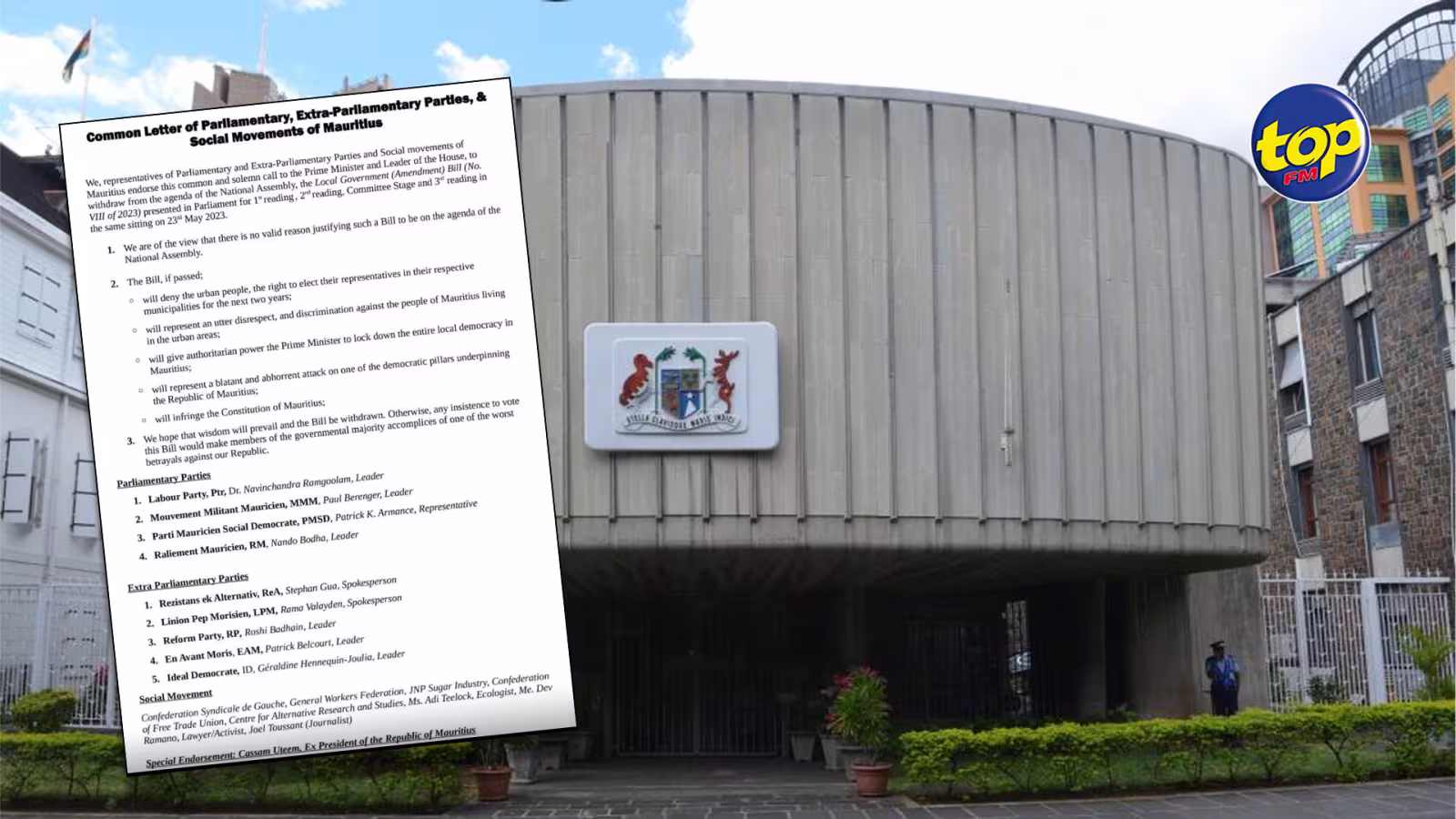 Dans une lettre commune, des partis de l’opposition parlementaire et extra parlementaire, ainsi que des mouvements sociaux lancent un appel au Premier ministre de l’enlever de l’agenda de ce mardi : « toute insistance à voter le Local Government Amendment Bill rendrait les membres de la majorité gouvernementale complices de l’une des pires trahisons contre notre république ! »