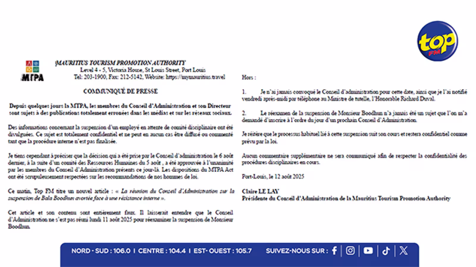 MTPA : la présidente dément formellement toute convocation du Conseil d’administration le lundi 11 juillet