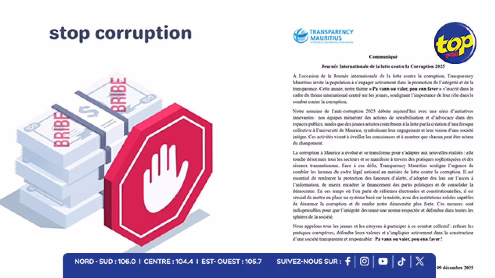 Journée internationale de la lutte contre la corruption : Transparency Mauritius appelle à combler les failles du cadre légal 