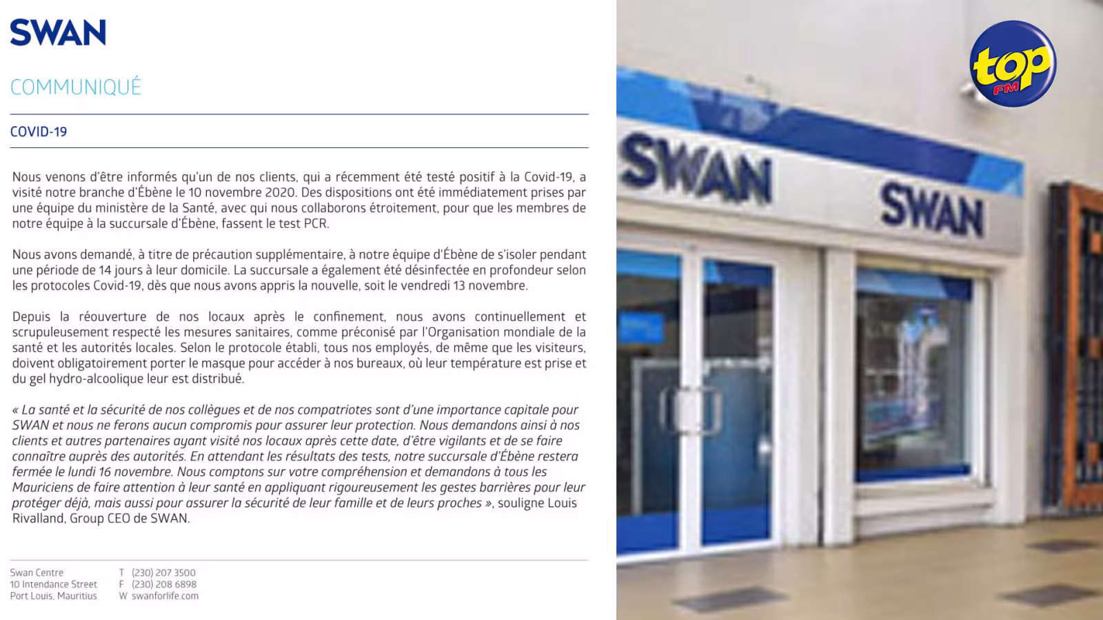 Covid-19 : Les employés de la branche Swan d’Ebène en auto-isolement
