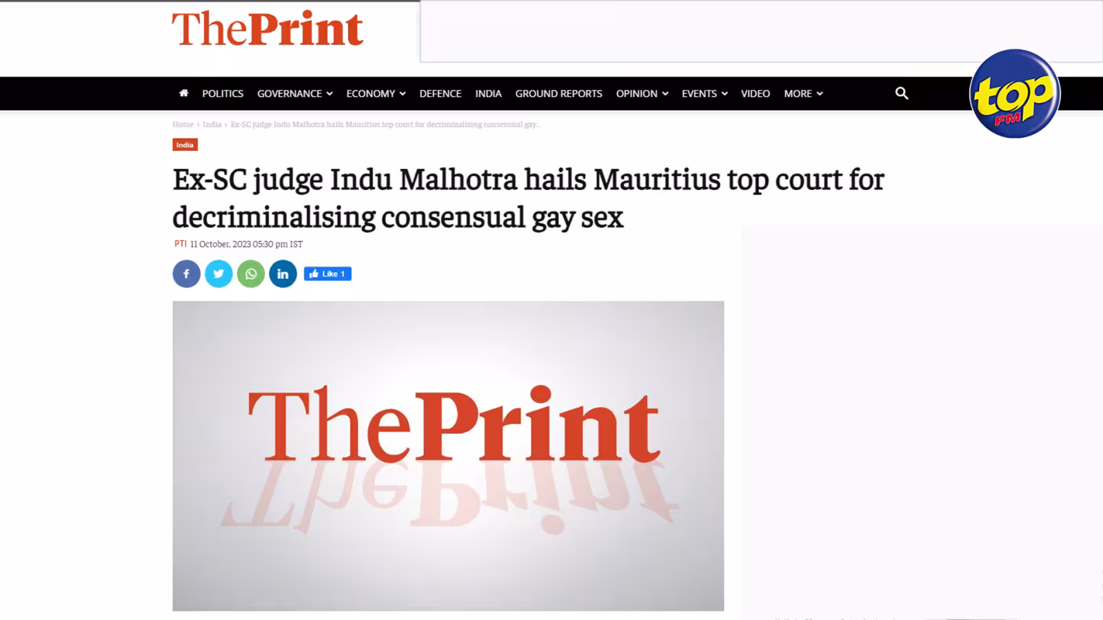 Décriminalisation de la sodomie entre mâles consentants : « Je suis extrêmement reconnaissante que mon jugement soit utilisé et cité par la cour suprême de Maurice », affirme Indu Malhotra, ex-juge de la cour suprême de l’Inde