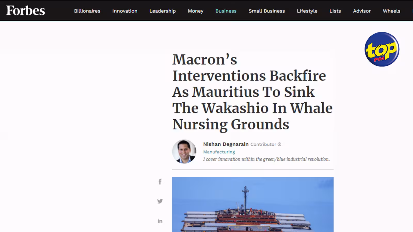 La proue du Wakashio sera sabordée dans la nursing zone pour les baleines : Un article de Forbes Magazine rappelle les effets néfastes sur notre eco-système