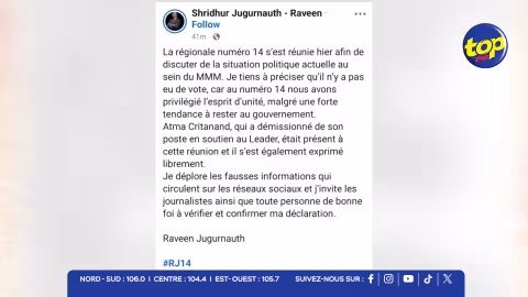 MMM : Pas de vote dans la régionale no. 14, l’unité est privilégiée, selon Raveen Jugurnauth. 