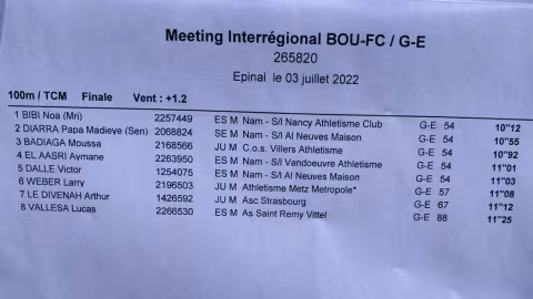 Meeting régional d’Epinal en France : Noa Bibi brise le record légendaire de Stéphan Buckland au 100 mètres