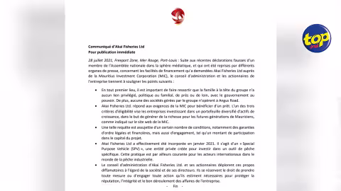 Soutien financier : Akai Fisheries Ltd affirme qu’elle répond aux exigences de la Mauritius Investment Corporation et précise que ses dirigeants n’ont aucun lien privilégié avec le pouvoir
