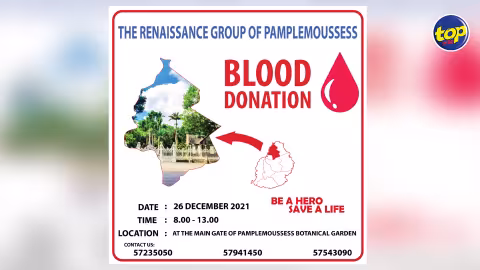 Le Groupe Renaissance de Pamplemousses organise une collecte de sang au Jardin Botanique, ce dimanche 26 décembre