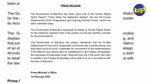 Après le rapport du Human Rights Watch sur les Chagos : Le bureau du Premier ministre réitère son engagement à venir rapidement avec un plan de réinstallation sur l’archipel