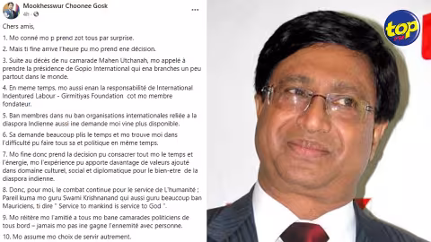 Expliquant sa démission du PTr : « Je suis appelé à succéder à Mahen Utchanah à la présidence de GOPIO International », affirme Mookhesswur Choonee