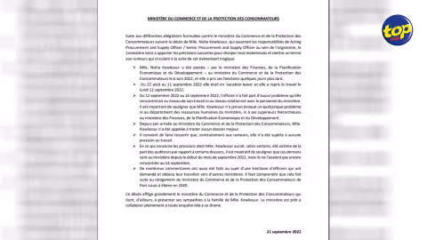 Suicide d’une Acting Procurement and Supply Officer : Le ministère du Commerce dit être prêt à collaborer à toute enquête