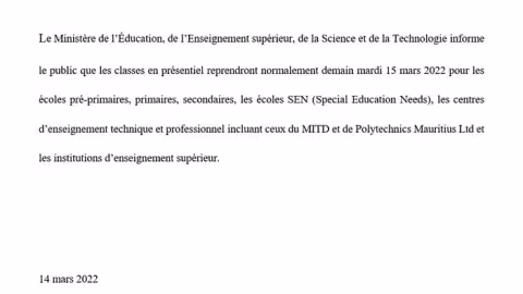 Éducation : Les classes reprennent normalement demain