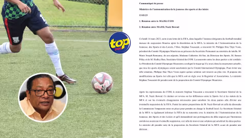 Dans un communiqué ce mardi, le ministère de l’Autonomisation de la Jeunesse, des Sports et des Loisirs explique que le ministre Stéphan Toussaint a rencontré le président du Comité Olympique Maurice, Philippe Hao Thyn Voon ainsi que le secrétaire général de la MFA, Nazir Bowud
