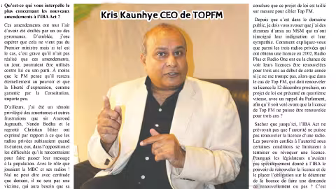 Interview de Kris Kaunhye CEO de TOPFM accordé à Sunday Times « Je qualifie cette décision d’acte pyromane »