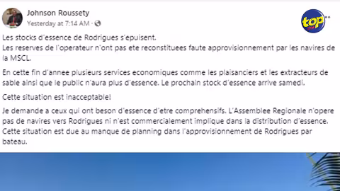 Dans un post sur sa page Facebook : « Les stocks d’essence de Rodrigues s’épuisent », s’alarme Johnson Roussety