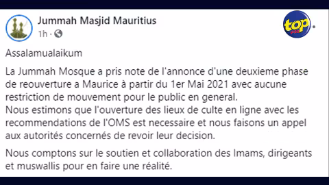 Deuxième phase de réouverture à partir du 1er mai : La Jummah Mosque demande aux autorités de revenir sur leur décision concernant la fermeture des lieux de culte
