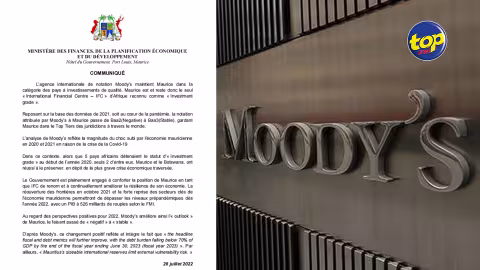 Moody’s dégrade Maurice de Baa2 a Baa3 : Le ministère des Finances et la Banque centrale se réjouissent que Moody’s maintienne Maurice dans la catégorie des pays à investissements de qualité