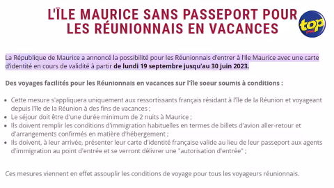 Depuis hier : Les Français n’ont plus besoin de passeport depuis l’île de la Réunion pour venir à Maurice