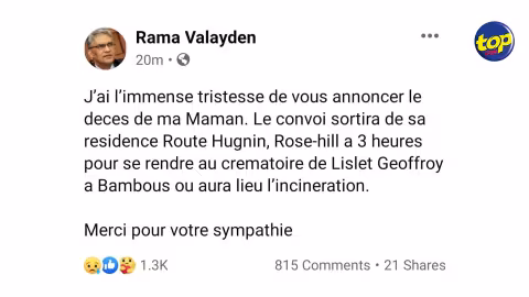Nécrologie : Décès de la mère de Rama Valayden ce matin
