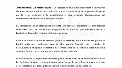 Madagascar : La présidence condamne une tentative de prise de pouvoir illégale.