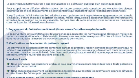 Communiqué du Joint Venture Sotravic/Strata