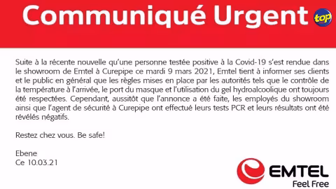 Suite à la  nouvelle qu’un collégien testé positif à la Covid-19 s’est rendu dans sa succursale de Curepipe : Emtel indique que tous les tests PCR effectués sur  ses employés se sont avérés négatifs
