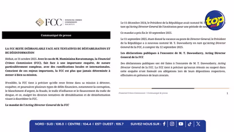 Affaire Ravatomanga : la FCC contre-attaque et appelle à la fin des manœuvres de désinformation