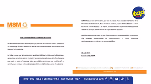 Violation de la séparation des pouvoirs : le MSM dénonce des dérives au sommet de l’État